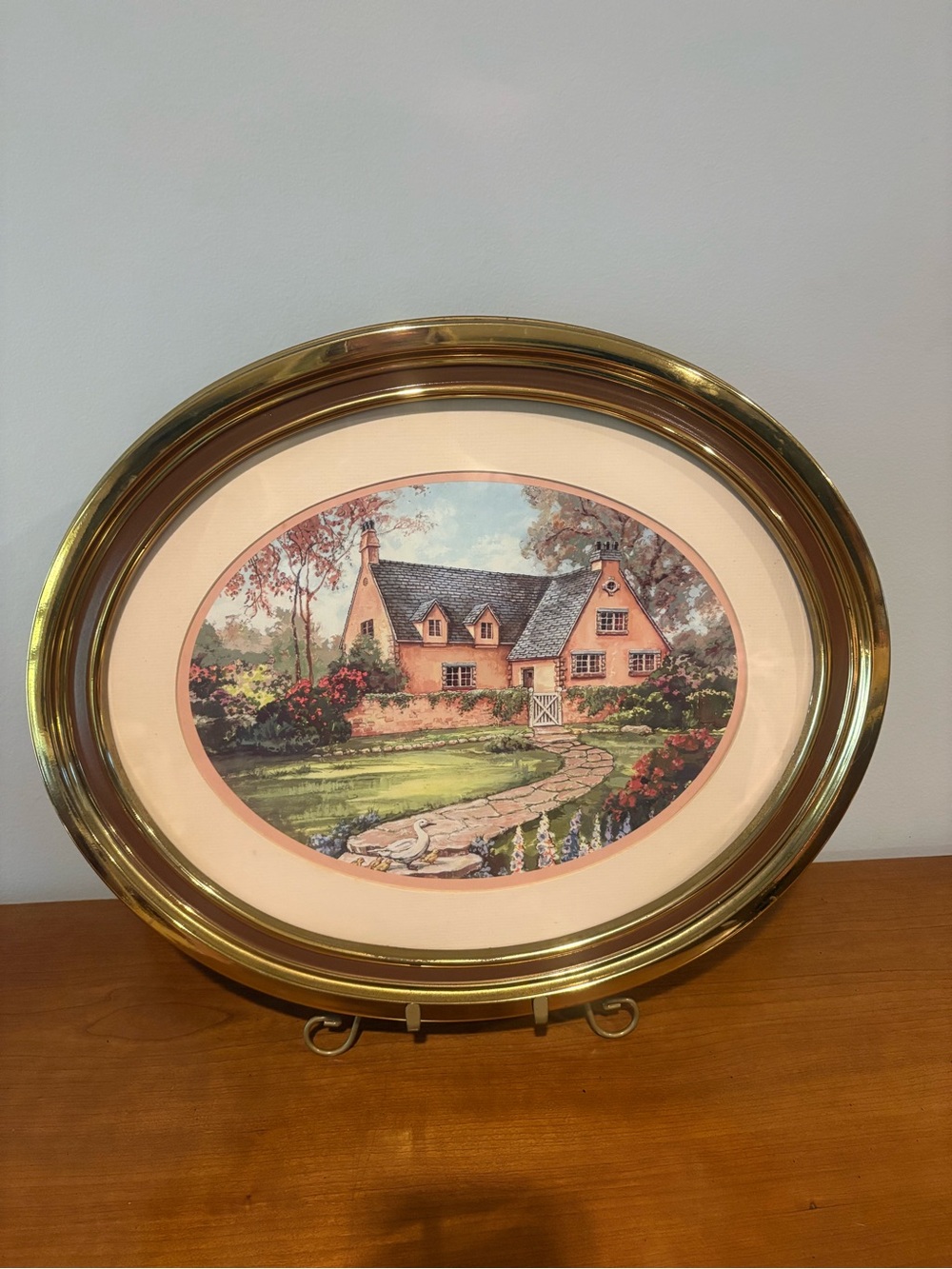 Vintage Oval Framed Cottage Landscape Wall Art Gold Toned Frame